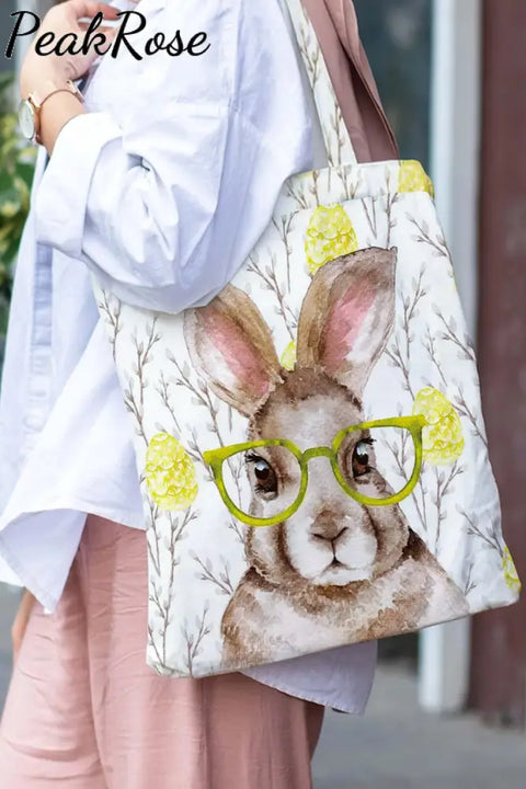 Cute Easter Bunny With Glasses In Eggs Forest Printed Tote Bag