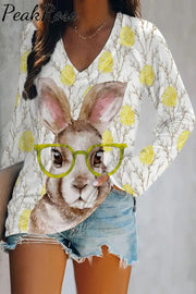 Cute Easter Bunny With Glasses In Eggs Forest Printed V-Neck Long Sleeve Tee