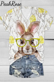 Cute Easter Bunny With Glasses In Eggs Forest Printed V-Neck Short Sleeve T-Shirt