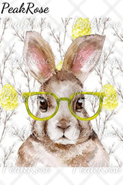 Cute Easter Bunny With Glasses In Eggs Forest Printed V-Neck Short Sleeve T-Shirt