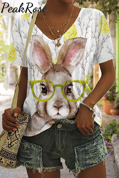 Cute Easter Bunny With Glasses In Eggs Forest Printed V-Neck Short Sleeve T-Shirt S / Brown