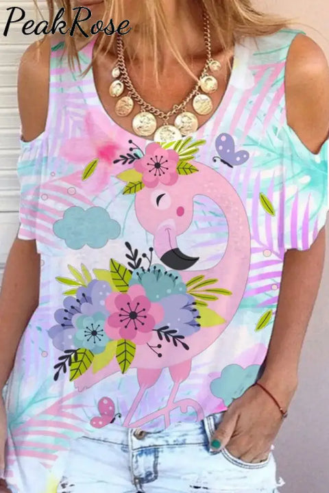 Cute Floral Flamingo Pink Cold Shoulder T-Shirt