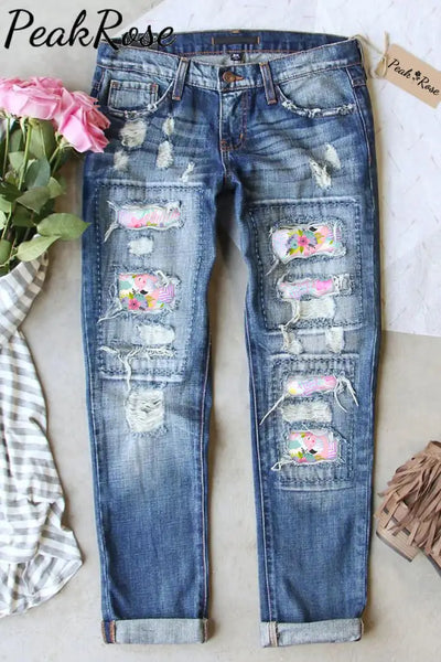 Cute Floral Flamingo Print Ripped Denim Jeans