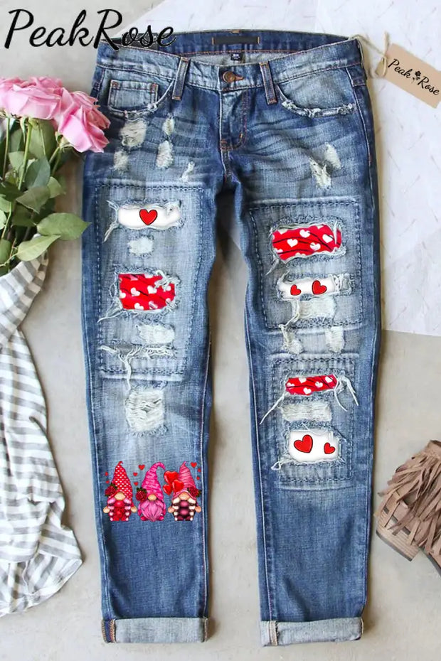 Cute Gnomies Red Rose Leopard Print Denim Jeans