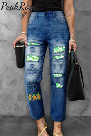 Cute Green Clover Elf Gnome Dwarf Ripped Denim Jeans