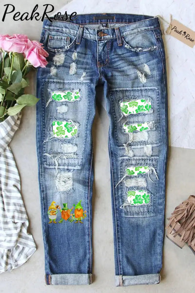 Cute Green Clover Elf Gnome Dwarf Ripped Denim Jeans S / Blue