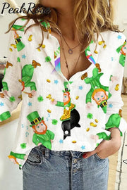 Cute Green Ireland Leprechauns Printed Long Sleeve Shirt Women