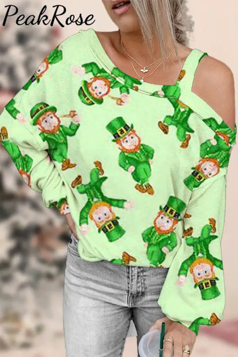 Cute Green Ireland Leprechauns Printed Off-Shoulder Blouse