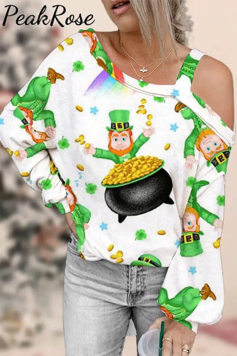 Cute Green Ireland Leprechauns Printed Off-Shoulder Blouse