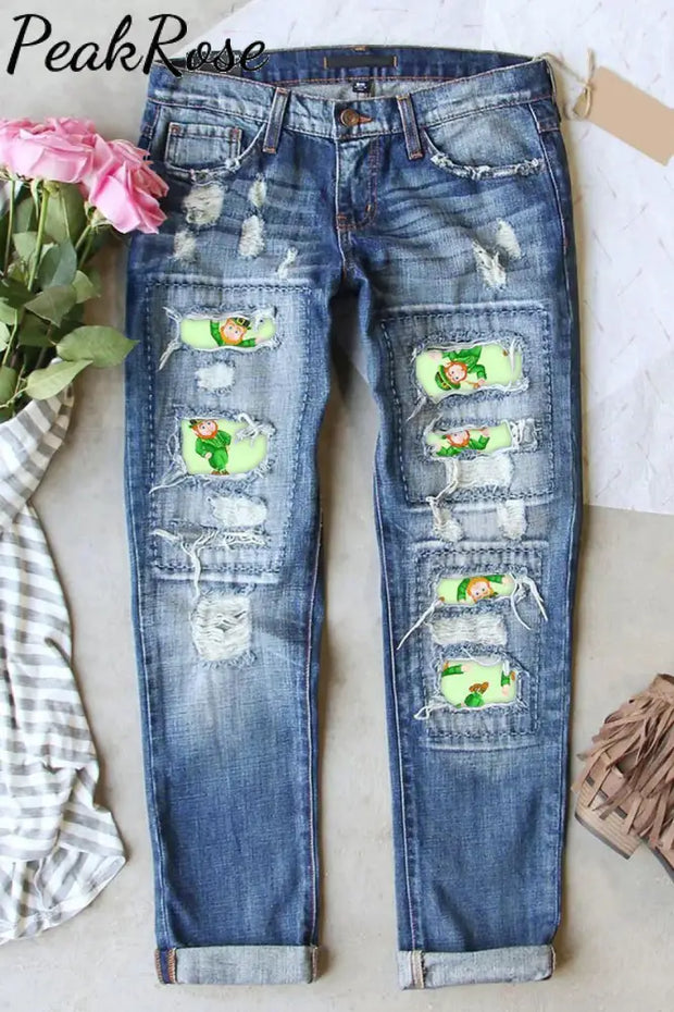 Cute Green Ireland Leprechauns Printed Ripped Denim Jeans S