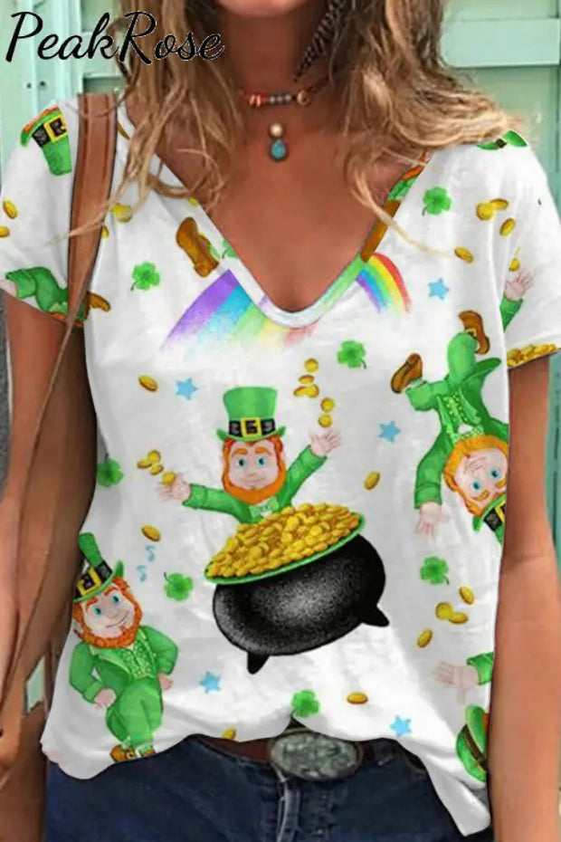 Cute Green Ireland Leprechauns Printed V-Neck T-Shirt