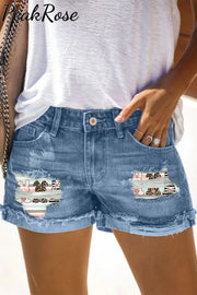 Cute Leopard Easter Bunny Stripe Denim Shorts