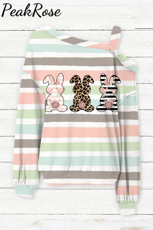 Cute Leopard Easter Bunny Stripe Off-Shoulder Blouse