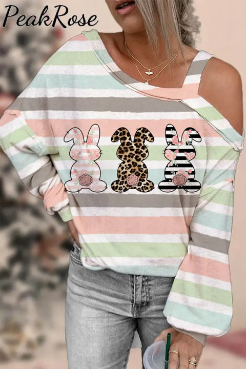 Cute Leopard Easter Bunny Stripe Off-Shoulder Blouse Striped / S