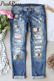 Cute Leopard Easter Bunny Stripe Ripped Denim Jeans