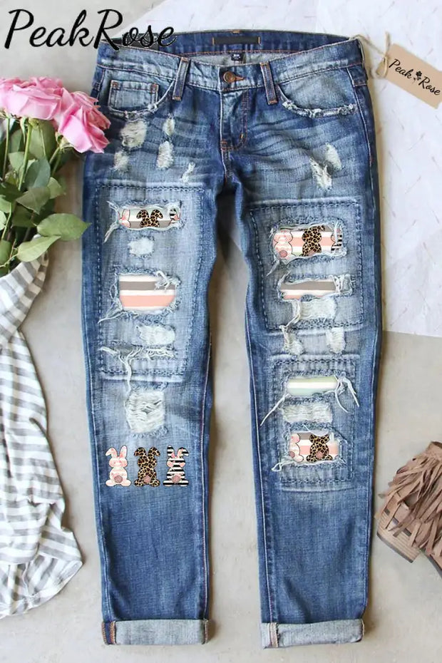 Cute Leopard Easter Bunny Stripe Ripped Denim Jeans S