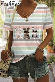 Cute Leopard Easter Bunny Stripe V Neck Short Sleeve T-Shirt