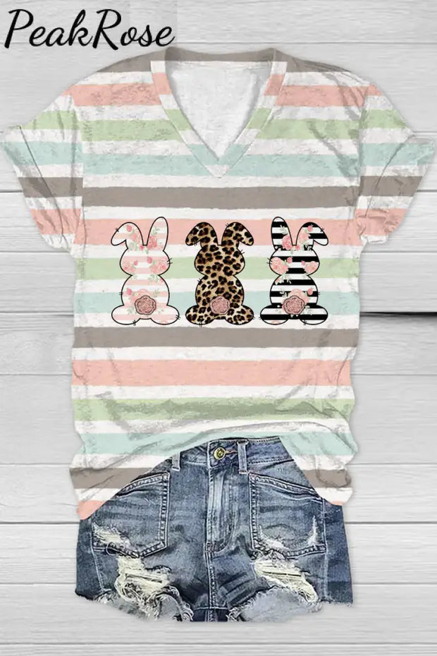 Cute Leopard Easter Bunny Stripe V Neck Short Sleeve T-Shirt