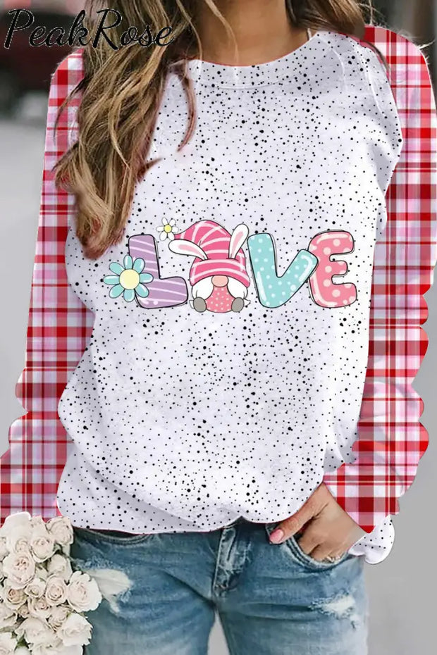 Cute Love Gnome Red Plaid Sleeve Sweatshirt