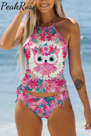 Cute Pink Floral Owl Bikini Swimsuit S /