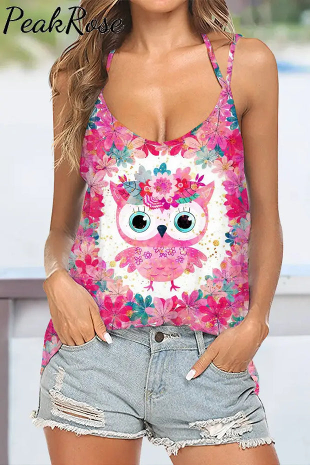 Cute Pink Floral Owl Print Beach Halter Top S / Tops