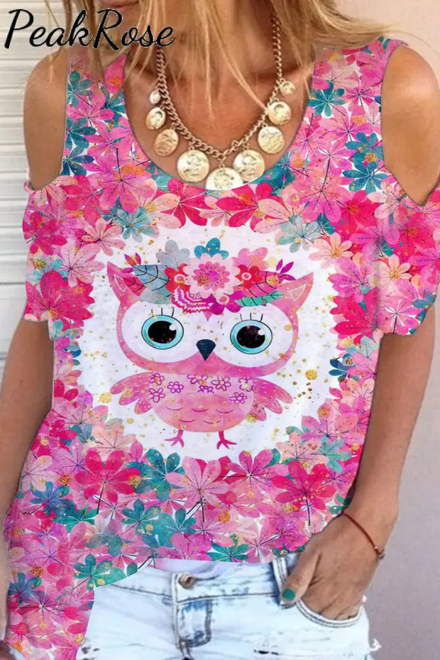 Cute Pink Floral Owl Print Cold Shoulder T-Shirt T-Shirt