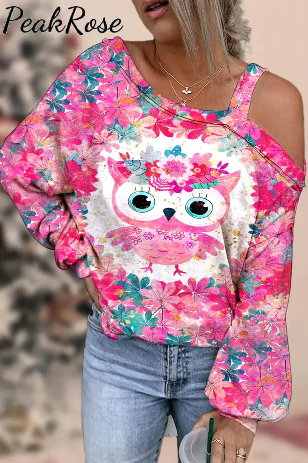 Cute Pink Floral Owl Print Off-Shoulder Blouse