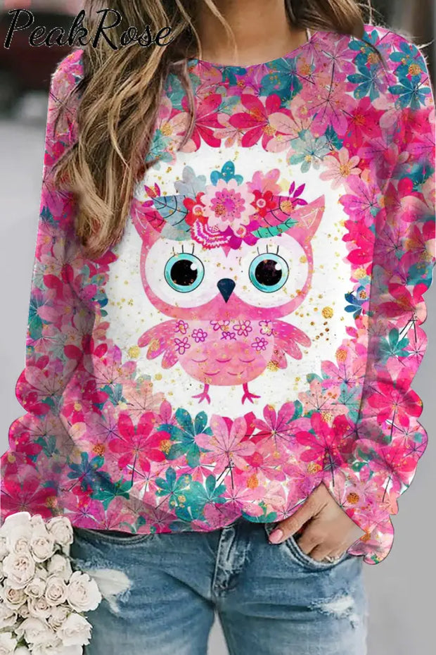 Cute Pink Floral Owl Print Sweatshirt S /