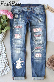 Cute Rabbit Print Ripped Denim Jeans