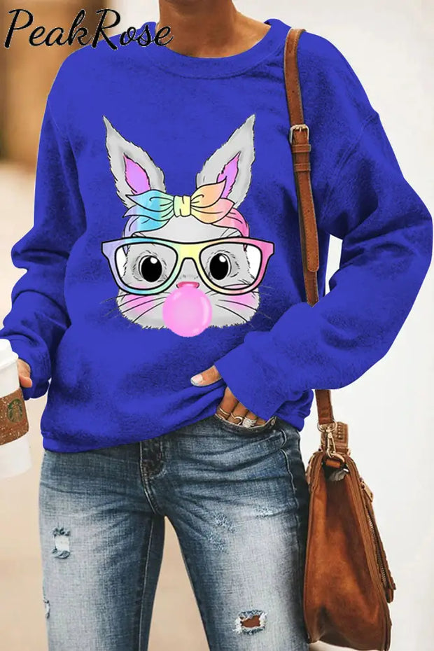 Cute Rainbow Turban Glasses Rabbit Blowing Bubbles Drop Shoulder Sweatshirt