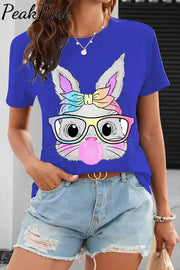 Cute Rainbow Turban Glasses Rabbit Blowing Bubbles O Neck T-Shirt