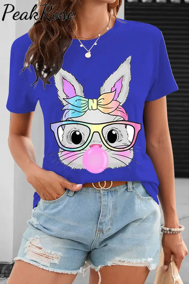 Cute Rainbow Turban Glasses Rabbit Blowing Bubbles O Neck T-Shirt S / Royal-Blue