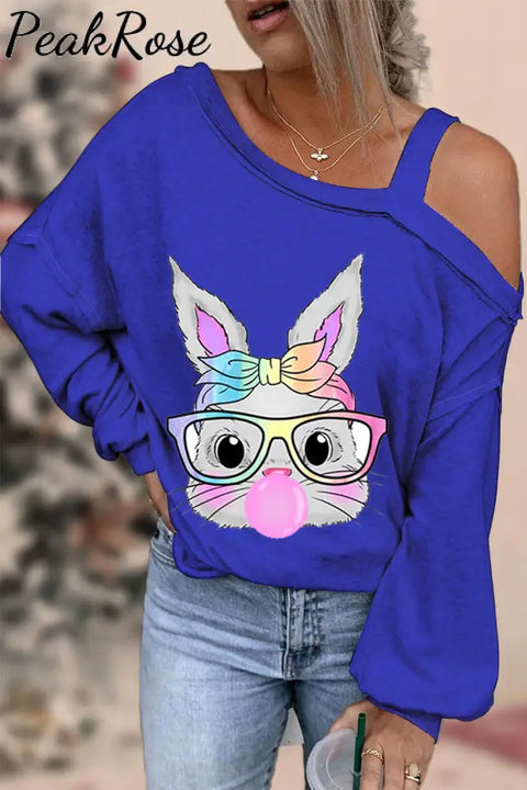 Cute Rainbow Turban Glasses Rabbit Blowing Bubbles Off Shoulder Blouse