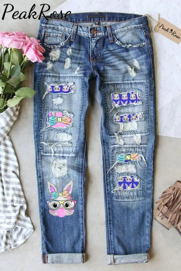 Cute Rainbow Turban Glasses Rabbit Blowing Bubbles Ripped Denim Jeans