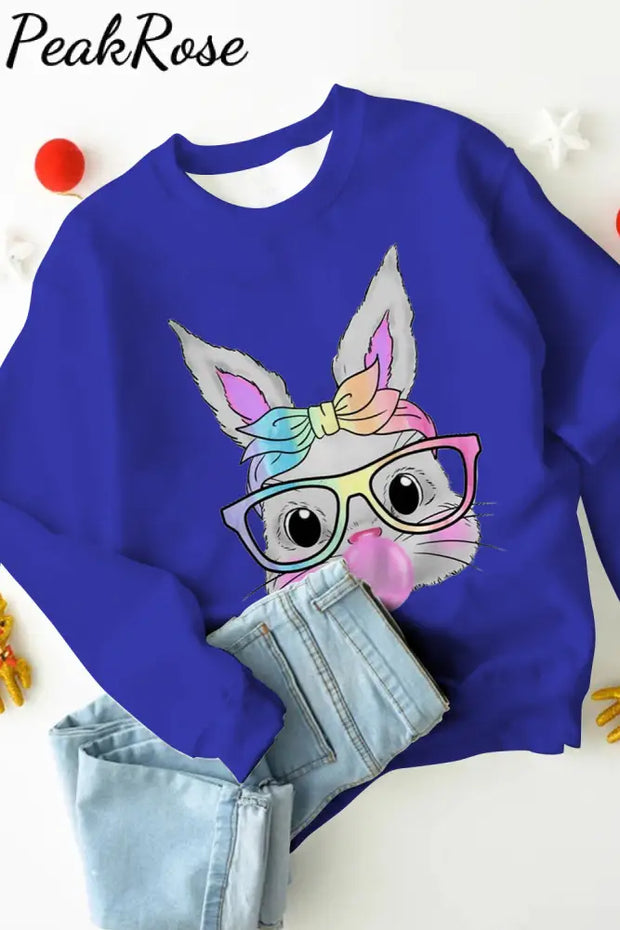 Cute Rainbow Turban Glasses Rabbit Blowing Bubbles Sweatshirt