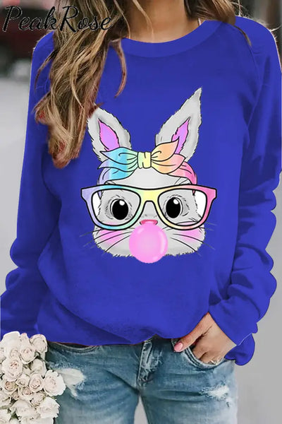 Cute Rainbow Turban Glasses Rabbit Blowing Bubbles Sweatshirt S / Royal-Blue