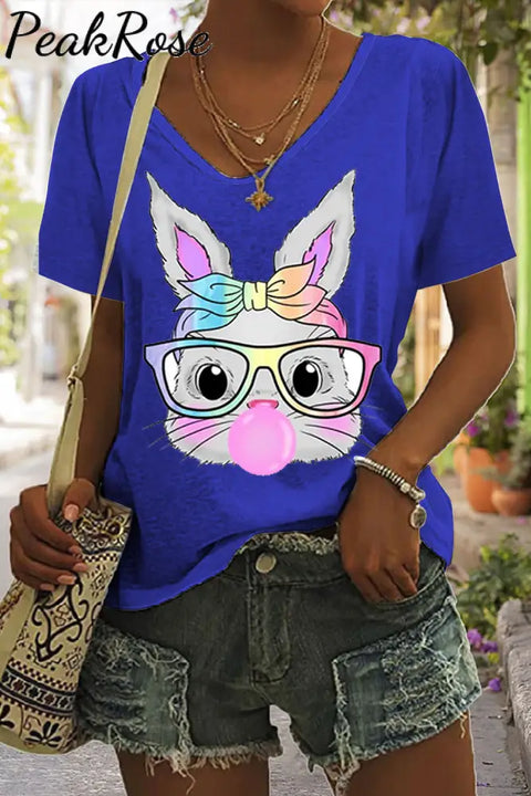 Cute Rainbow Turban Glasses Rabbit Blowing Bubbles V Neck T-Shirt