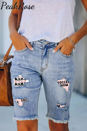 Cute Soccer Rock Print Denim Shorts Bermuda