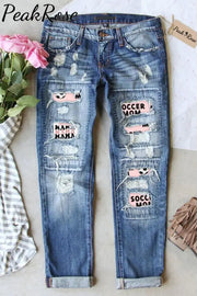 Cute Soccer Rock Print Ripped Denim Jeans