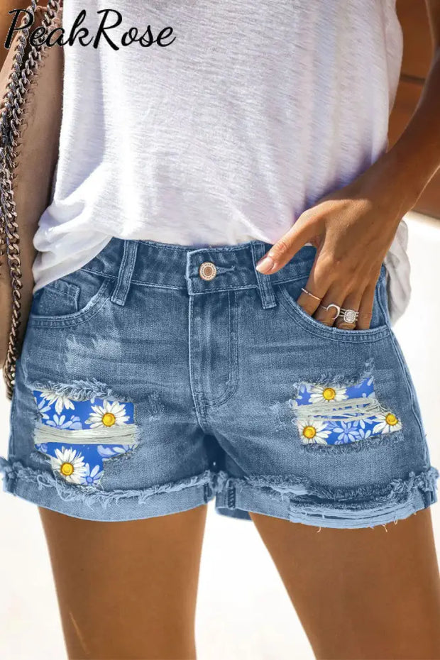 Daisy Floral Hello Spring Print Denim Shorts