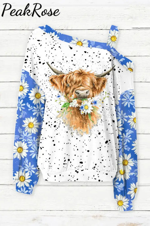 Daisy Floral Highland Cow Spring Print Off Shoulder Blouse