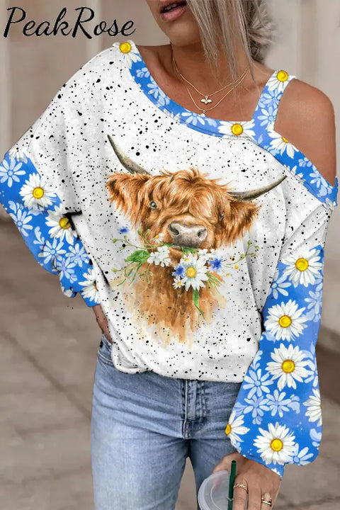 Daisy Floral Highland Cow Spring Print Off Shoulder Blouse