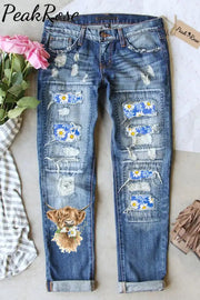 Daisy Floral Highland Cow Spring Print Ripped Denim Jeans S