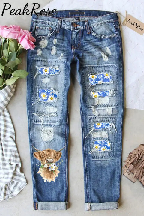 Daisy Floral Highland Cow Spring Print Ripped Denim Jeans S