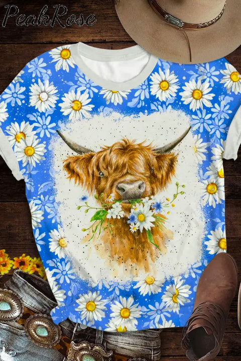 Daisy Floral Highland Cow Spring Print Round Neck T-Shirt T-Shirt