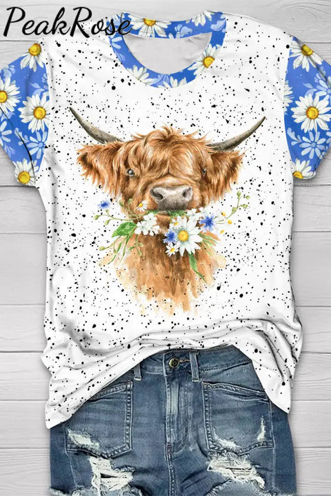 Daisy Floral Highland Cow Spring Print Round Neck T-Shirt T-Shirt