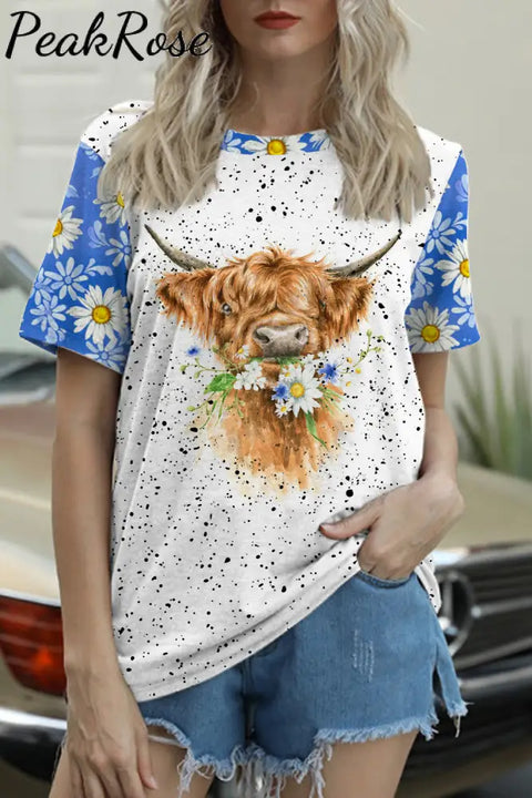 Daisy Floral Highland Cow Spring Print Round Neck T-Shirt T-Shirt