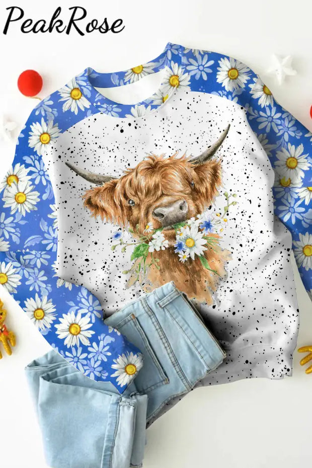 Daisy Floral Highland Cow Spring Print Sweatshirt