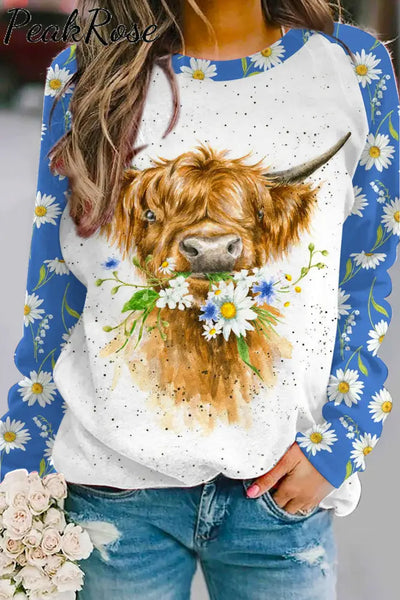 Daisy Floral Highland Cow Spring Print Sweatshirt / S