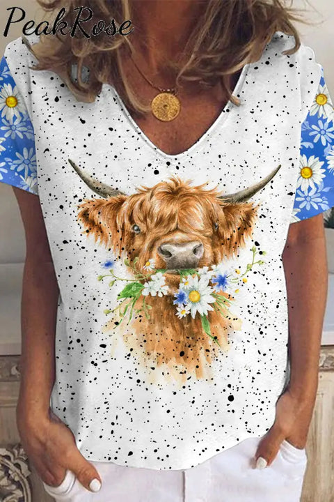 Daisy Floral Highland Cow Spring Print V Neck T-Shirt T-Shirt